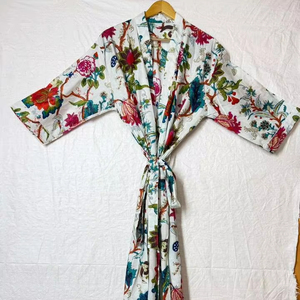 Bata Kimono de Algodón Estampada a Mano: Chaqueta Ligera Azul Estilo Boho para Invierno con Cinturón, Venta al por Mayor - Product Image 1