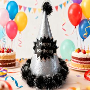 Chapeau d'<span class=keywords><strong>anniversaire</strong></span> en papier pour enfants avec inscription « Joyeux <span class=keywords><strong>anniversaire</strong></span> », forme de cône pointu, design avec boule de fourrure pour les fêtes et les vacances - Product Image 1