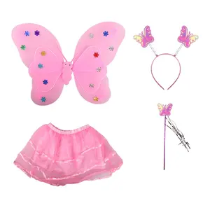 Birthday Kids Fairy Girls sequin LED butterfly wing wand belly dress 4pcs/set party supplies fairy cosplay suit