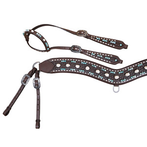 Western Headstall and Breastplate Set With <b>Turquoise</b> <b>Beaded</b>, White and Teal Stone Decorated Rawhide Stitching. - Product Image 2