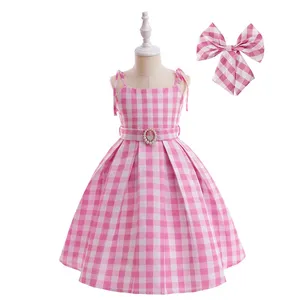 Kinderen Meisjes Verkleden Kostuum Cosplay Prinses Roze Fancy Geruite Jurk Met Strik Haaraccessoires Barbiees Verjaardag Decor H0899