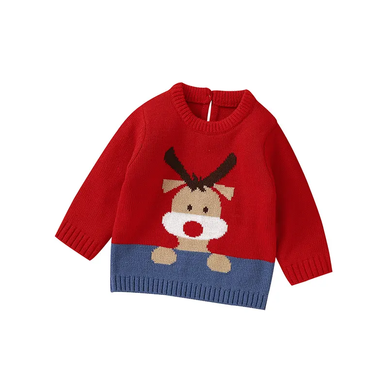 Pabrik ODM sweter bayi tebal Tahun Baru merah natal Logo kustom Sweater Pullover hangat pola kartun lucu atasan lembut anak laki-laki perempuan