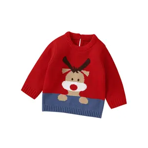 Factory ODM Christmas Red New Year Thick Baby Sweater Custom Logo Cute Cartoon Pattern Warm Sweater Pullover Boys Girls Soft Top