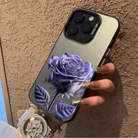 Casing Handphone TPU PC Berlapis Perak dengan Cetakan Bunga Mawar Ungu untuk Iphone 11 12 13 14 15 16 17 18 Pro Max