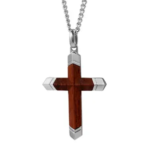 OEM ODM mens trendy stainless steel bubinga wood pendant cross with necklace