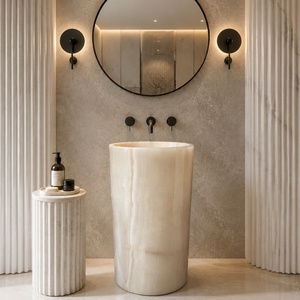 Lavabo sur pied sculptural en onyx blanc de luxe, monolithe pour salle de bain moderne, lavabo sur piédestal en pierre naturelle sur mesure - Product Image 1