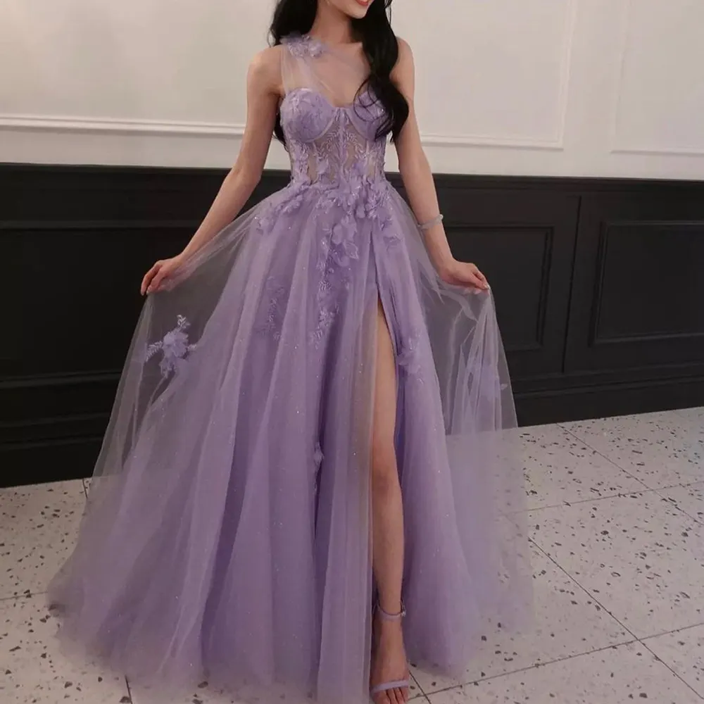 Lilac One Shoulder Long Split 2023 Flower Graduation School Party Gowns Serene Hill LA71881 Celebrity Prom Dresses