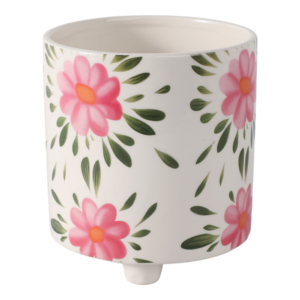 Pot de fleurs peint à la main avec des fleurs roses et des feuilles vertes pour la décoration intérieure et extérieure, salon, jardin. - Product Image 1