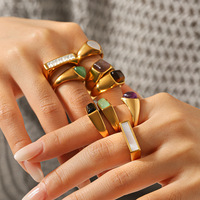 Bague en pierre naturelle vintage européenne et américaine, en acier inoxydable plaqué or, design premium géométrique de niche