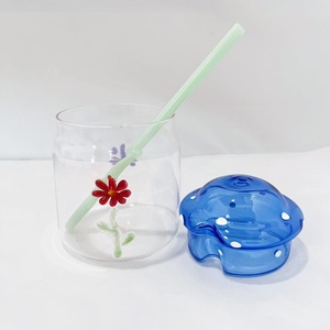 Verre à boire en verre soufflé à la main Jingyi, style nordique, bleu <span class=keywords><strong>royal</strong></span>, avec couvercle à pois floraux violets |   Paille réutilisable résistante à la chaleur sans BPA - Product Image 2