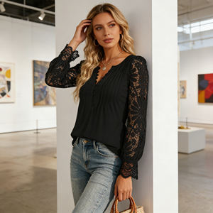 Blusa Casual de Oficina para Mujer, Elegante, Transpirable, de Longitud Media, con Botones, Encaje, Manga de Crochet, Cuello en V Dulce, Top Corto - Product Image 1