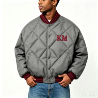 Blouson Bomber Matelassé Homme avec Broderie KM, Col Côtelé, Boutons Pression, Style Baseball Rembourré, Veste d'Hiver Chaude