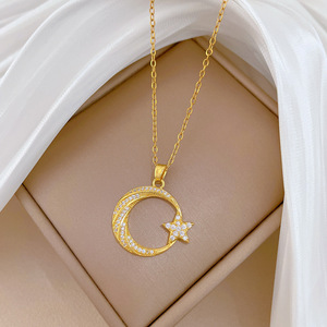 Collar con Colgante <span class=keywords><strong>de</strong></span> Estrella y Luna con Circonitas Incrustadas, Brillante y Elegante, para Mujer, Cadena <span class=keywords><strong>de</strong></span> Eslabones Chapada en Oro <span class=keywords><strong>de</strong></span> 18K, Joyería <span class=keywords><strong>de</strong></span> Lujo para Bodas - Product Image 5