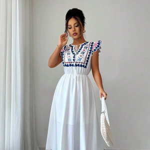 Vestido Largo Maxi de Mujer, Estilo Nuevo 2025, 100% Algodón Tejido, Cuello en V, Elegante, con Bordado Étnico, Estilo Casual - Product Image 1