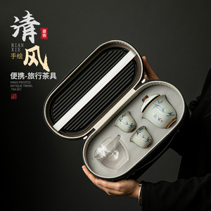 Juego de té de bambú pintado a mano, portátil, para viajes, camping, kit de té de cerámica, juego de preparación de té pequeño para uso en exteriores. - Product Image 2