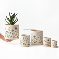 Pot Keramik Cetak Bunga Vintage Ukuran Khusus dengan Alas, Motif Botani Retro untuk Tanaman Sukulen dan Kaktus