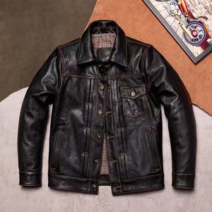 Retro mulino in pietra vecchio strato di pelle di vacchetta giacca da uomo con risvolto corto giacca ampia ampia - Product Image 1