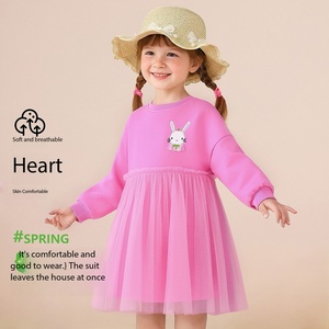 Vestido de Sudadera Rosa para Niñas con Bordado de Conejito, Manga Larga, Tul, Tutú, Vestido Informal de Primavera y Otoño para Niñas - Product Image 1