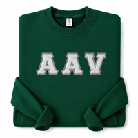 Sweat-shirt à col rond en chenille brodé sur mesure avec bordure en feutre ivoire et applique de lettres gris foncé pour cadeau de fraternité ou de sororité