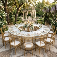 Table de mariage de luxe en acier inoxydable doré avec pendentifs en cristal, tables de banquet demi-lune pour la location d'événements