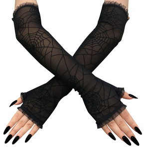 Nuevos Guantes de Halloween para <span class=keywords><strong>Mujer</strong></span>, Guantes de Malla de Medio Dedo con Diseño de Telaraña, Largos, Rojos y Negros, <span class=keywords><strong>Disfraz</strong></span> de Cosplay para Halloween - Product Image 4