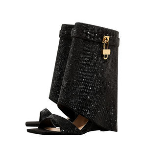 Tendance de la mode d'été pour femmes Peep Toe Slip-On <span class=keywords><strong>Sandales</strong></span> à talon plat Shark Lock Bottines courtes avec superposition de strass brillants - Product Image 4