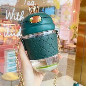 Botella de Agua de Plástico Ecológica con Diseño de Orejas de Conejo para Niños, 380ml/580ml, con Pajita, Perlas y Correa de Cadena Metálica, Vaso Térmico - Product Image 5