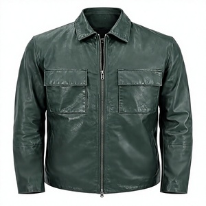 Men's Green Leather <b>Jacket</b> Workwear Style <b>Zipper</b> Closure Turn-down Collar Regular Fit Autumn Wear Solid Color <b>Pockets</b> - Product Image 1