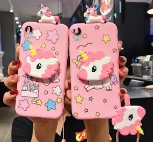 3D Boneka Unicorn Lanyard Lembut Silicone Case Kulit Penutup untuk IPhone XR X XS Max 8 7 SE2 Plus 6 6S Grip Muncul Berdiri Pemegang Cover