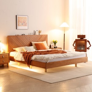 Lit en bois massif de cerisier 1,8 m 1,5 m, style nordique, lit plateforme, mobilier de chambre principale moderne japonais rétro - Product Image 1