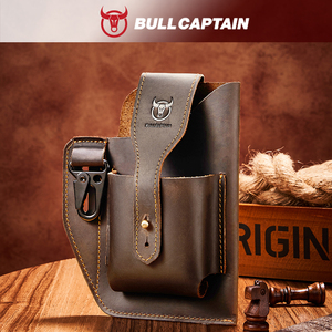 BULLCAPTAIN Sac banane vintage rétro pour sports de plein air en cuir véritable, sacoche de téléphone portable en forme de baril avec fermeture éclair, direct usine - Product Image 1