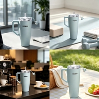Gobelet isotherme en acier inoxydable bleu de 30 oz avec poignée, couvercle et paille pour les voyages