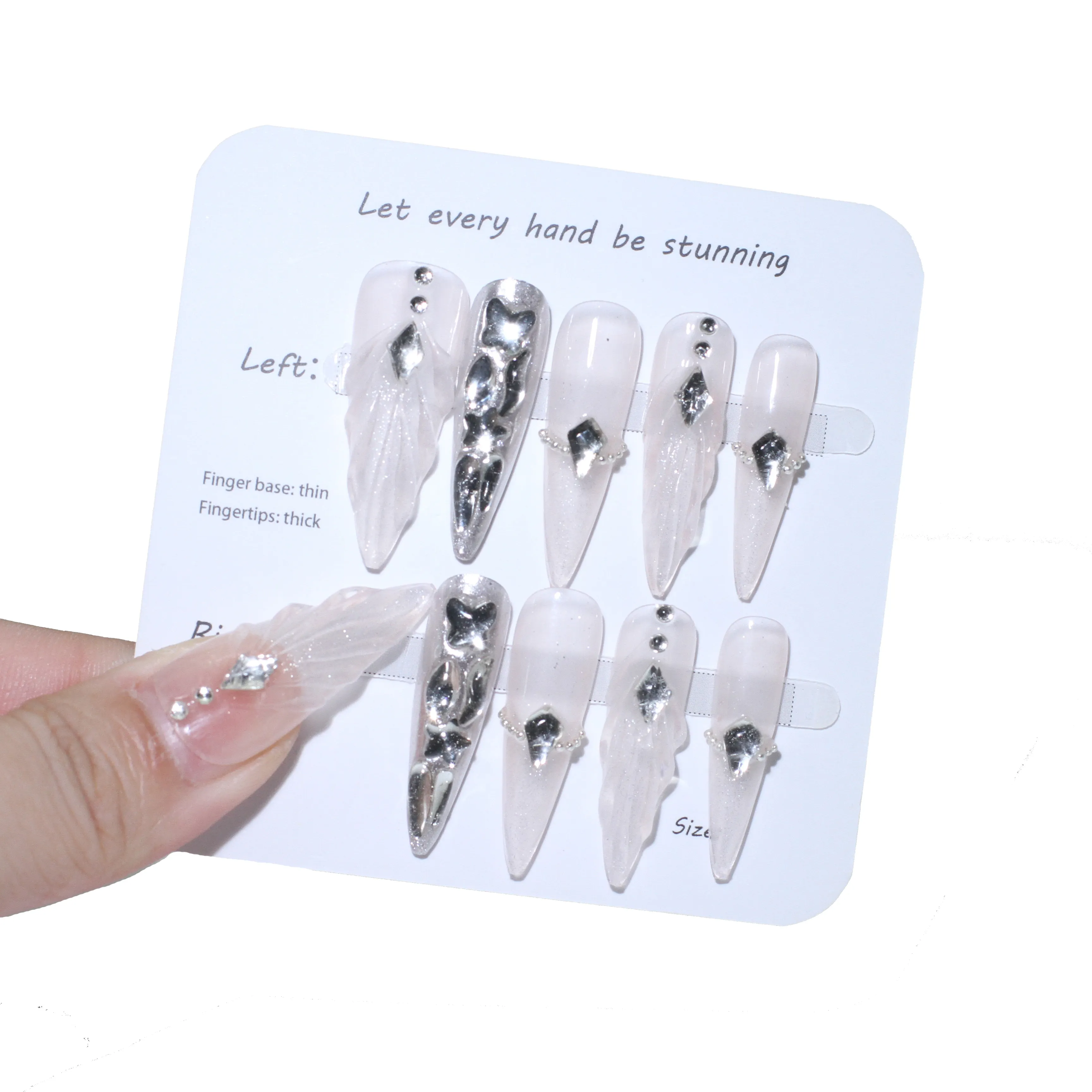 Fábrica de uñas arte de uñas artificial pintura de mano extra larga brillante con diamantes de imitación prensa de alta calidad en uñas 10 piezas