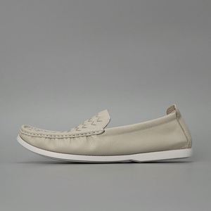 Mocassins beiges en cuir véritable à enfiler, respirants, avec semelle extérieure en caoutchouc, semelle intermédiaire, toutes saisons, chaussures décontractées, doublure en maille à boucle à l'arrière - Product Image 3