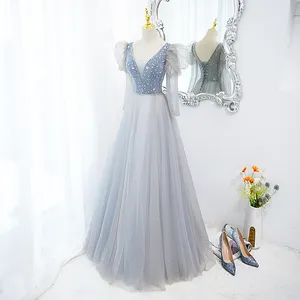 QUEENS GOWN New design gradient light blue peri deep-v neck soft A-line puff long sleeve illusion soft tulle princess prom