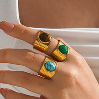 Bijoux de mode européens et américains style Instagram en acier inoxydable avec pierres naturelles turquoise/œil de tigre/jade malais incrustées, géométriques et larges