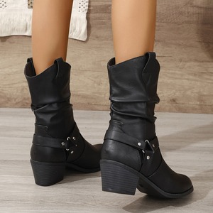 Botas de cuero con hebilla en el cinturón, botas a media pantorrilla con tacón grueso, punta redonda de una sola pieza, botas casuales para mujer - Product Image 4