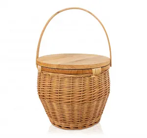 Yanyi Round Willow Wicker Beach Basket Manufacture Foldable Rattan Picnic Basket Cooler Insulated Set With Wood Lid Top