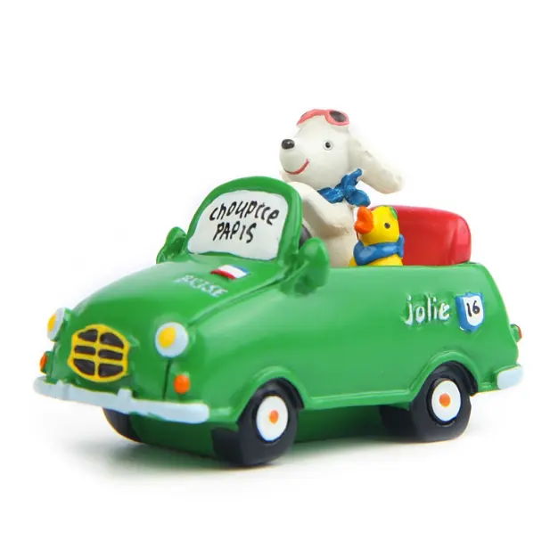 Resin sunglasses dog and yellow duck driving a green car statue