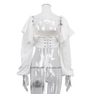 <span class=keywords><strong>Top</strong></span> Corto Estivo da Donna <span class=keywords><strong>Bianco</strong></span> Sexy con Spalle Scoperte e <span class=keywords><strong>Maniche</strong></span> <span class=keywords><strong>Lunghe</strong></span>, con Lacci Posteriori e Fascia, Abbigliamento Donna 2026 - Vendita all'Ingrosso - Product Image 5