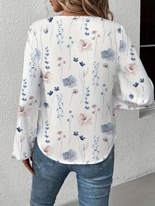 Blus Wanita Lengan Panjang Motif Bunga Watercolor <span class=keywords><strong>2026</strong></span> Kerah V Lengan Puff Kasual Bahan <span class=keywords><strong>Chiffon</strong></span> - Product Image 2