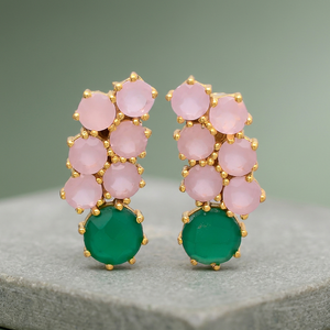 Nouvelles boucles d'oreilles pendantes rondes uniques avec pierre précieuse Chalcédoine rose émeraude plaquée or pour mariage et fiançailles - Product Image 2