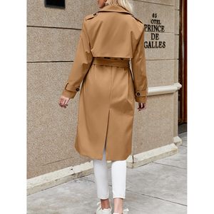Women's Double Breasted Trench Coat Long Lapel <b>Pocketed</b> Windproof Overcoat With <b>Belt</b> Casual Autumn Wear - Product Image 5