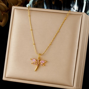 Dragonfly Pendant Necklace Gold Plated Pink Zircon Insect Design Clavicle Chain For Women Daily Wear Gift Jewelry - Product Image 1