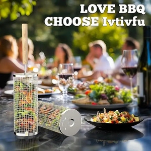 ตะแกรงย่างแบบซ้อน 2 ชิ้น พร้อมด้ามจับไม้ถอดได้ ตะแกรงย่างสแตนเลส 304 อุปกรณ์เสริมบาร์บีคิวที่จำเป็น - Product Image 4