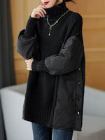 Suéter de cuello alto patchwork para mujer, suéter grueso y holgado de otoño/invierno, abrigo cálido de moda con diseño de longitud media