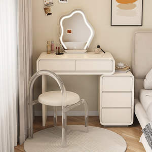 Table de toilette moderne <span class=keywords><strong>avec</strong></span> miroir et rangement, finition blanc crème en bois massif, idéale pour les petites chambres - Product Image 4