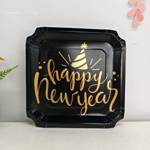 DAMAI Happy New Year Party Supplies Black Square Plate with Golden Happy New Year <b>Disposable</b> <b>Tableware</b> Set Paper Cups Napkins - Product Image 3
