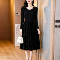 Robe plissée noire unie taille unique pour femme, robe midi à manches longues et col rond, robe décontractée en tissu doux pour usage quotidien, vente en gros