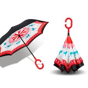 Parapluie droit inversé manuel personnalisé avec motif floral classique, résistant à la pluie et au vent - Product Image 1